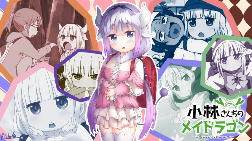 3girls backpack bag bangs beads blue_eyes blunt_bangs blush bohegao collage dragon_horns hair_beads hair_ornament highres horns iso_(pixiv15197676) kanna_kamui kobayashi-san_chi_no_maidragon kobayashi_(maidragon) lavender_hair long_hair looking_at_viewer multiple_girls multiple_views no_nose randoseru saikawa_riko screencap solo_focus thigh-highs twintails white_legwear