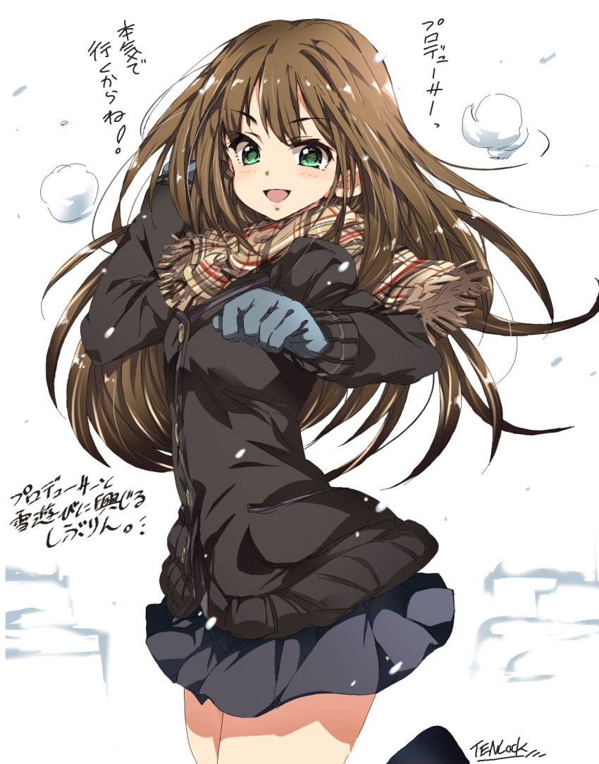 &gt;:d 1girl :d alabaster_(artist) arm_up bangs black_jacket black_skirt blue_gloves blurry blush brown_hair brown_scarf buttons cowboy_shot foreshortening fringe gloves green_eyes highres idolmaster idolmaster_cinderella_girls jacket leg_up long_hair long_sleeves looking_at_viewer motion_blur open_mouth plaid plaid_scarf scarf shibuya_rin shiny shiny_hair signature simple_background skirt smile snow snowball snowball_fight snowing solo standing standing_on_one_leg tareme translation_request white_background