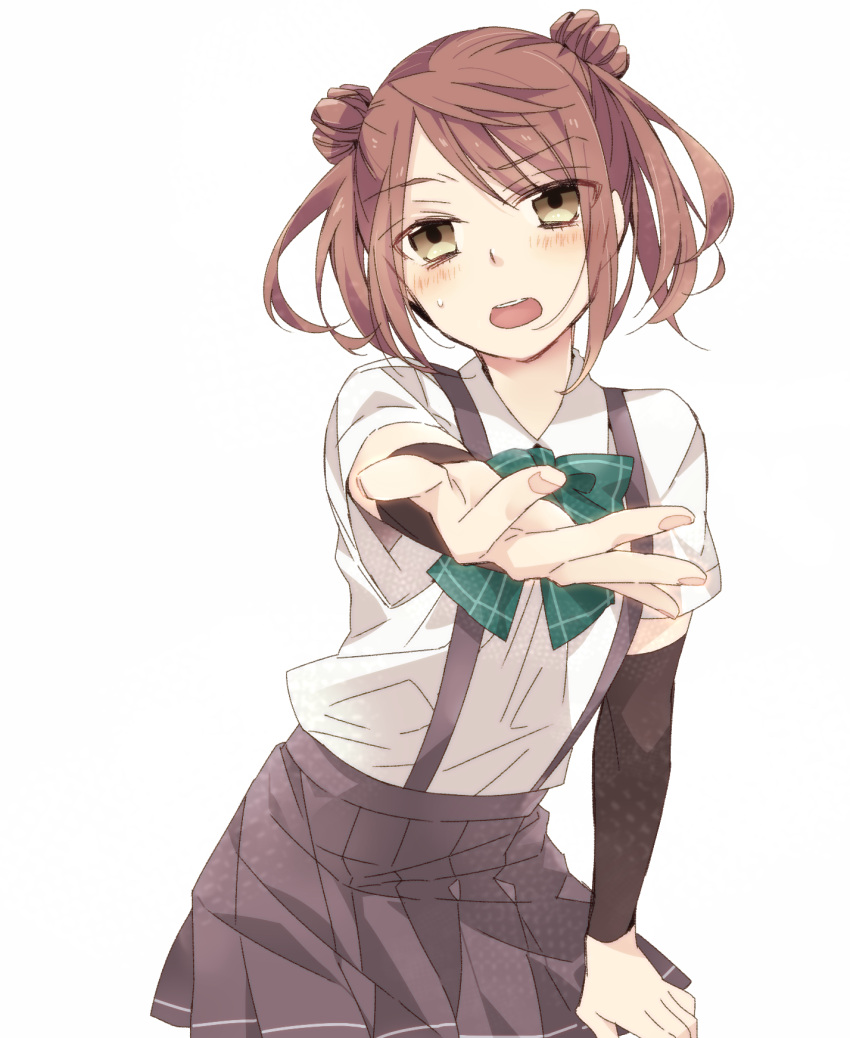 1girl arm_warmers black_skirt blush bow bowtie brown_eyes brown_hair collared_shirt double_bun dress_shirt fingernails grey_skirt highres kantai_collection looking_at_viewer michishio_(kantai_collection) miniskirt open_mouth outstretched_hand plaid_bowtie pleated_skirt sasa_(sasarasido) school_uniform shirt short_sleeves short_twintails simple_background skirt solo suspenders twintails upper_body white_background white_shirt