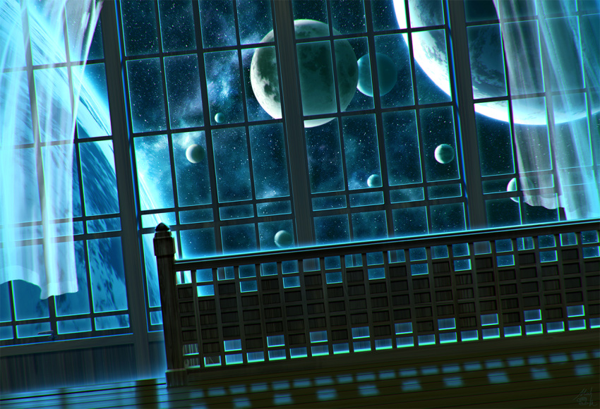 blue curtains dark dutch_angle galaxy indoors night no_humans original planet railing reflective_floor scenery shadow signature space star_(sky) surreal technoheart window