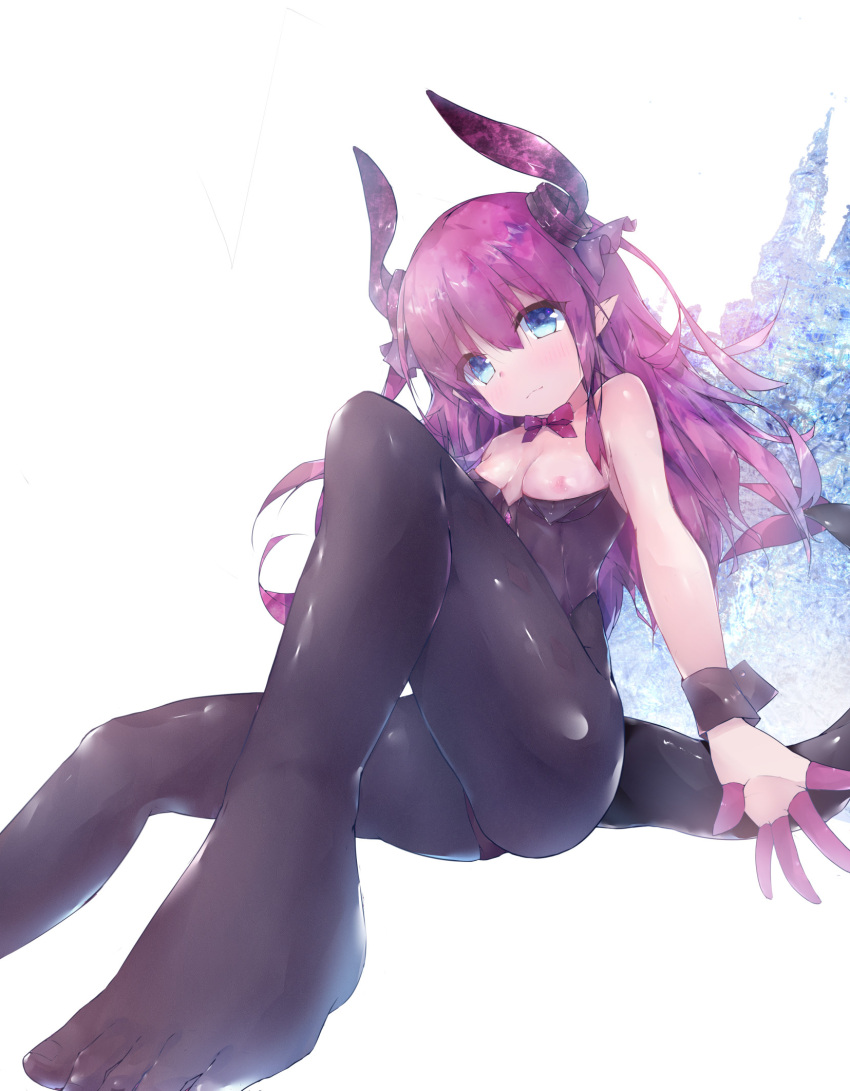 1girl :3 bangs black_legwear black_leotard blue_eyes blush breasts breasts_outside bunnysuit closed_mouth dragon_girl dragon_horns dragon_tail eyebrows_visible_through_hair fate/extra fate/extra_ccc fate_(series) grey_background highres horns icicle knee_up lancer_(fate/extra_ccc) legs leotard light_smile long_hair looking_at_viewer pantyhose purple_hair simple_background sitting small_breasts soles solo tail thighs toes twiska_(doubitian) wrist_cuffs