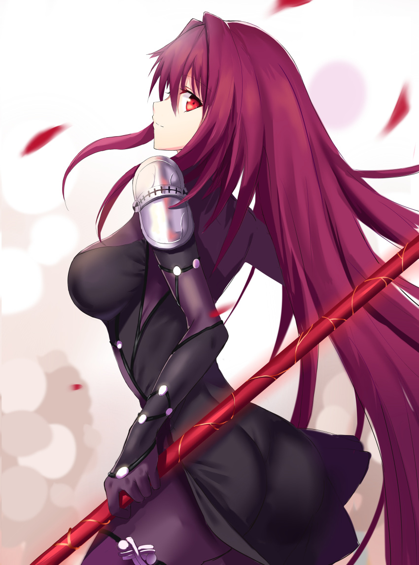 1girl absurdres ass bangs bodysuit breasts c3yooooo cowboy_shot fate/grand_order fate_(series) flower from_behind gae_bolg hair_between_eyes highres holding holding_weapon large_breasts leotard long_hair looking_at_viewer looking_back mature parted_lips pauldrons polearm purple_bodysuit purple_hair red_eyes scathach_(fate/grand_order) shiny smile solo spear weapon