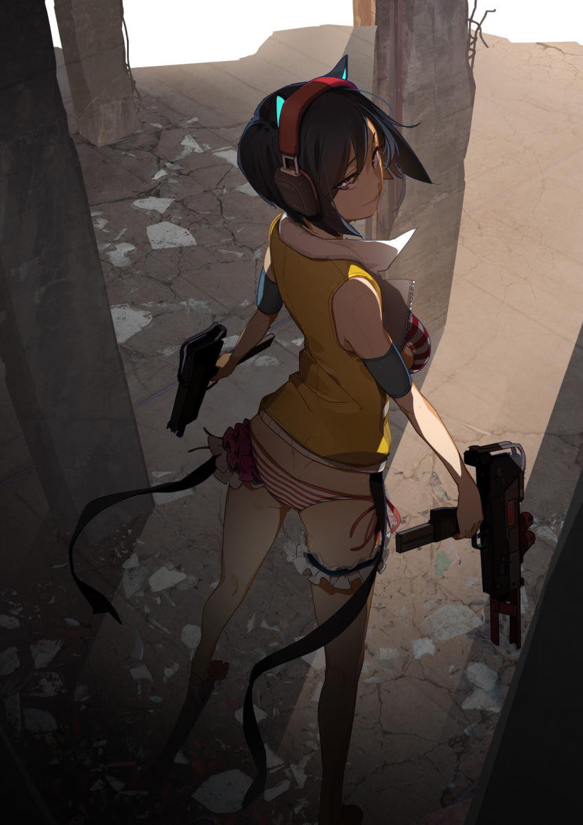 1girl bikini black_hair cat_ear_headphones cat_ears dual_wielding from_above gun headphones highres looking_back no_pants original panties sakura_sora short_hair side-tie_panties solo striped striped_panties swimsuit thigh_strap underwear vest weapon