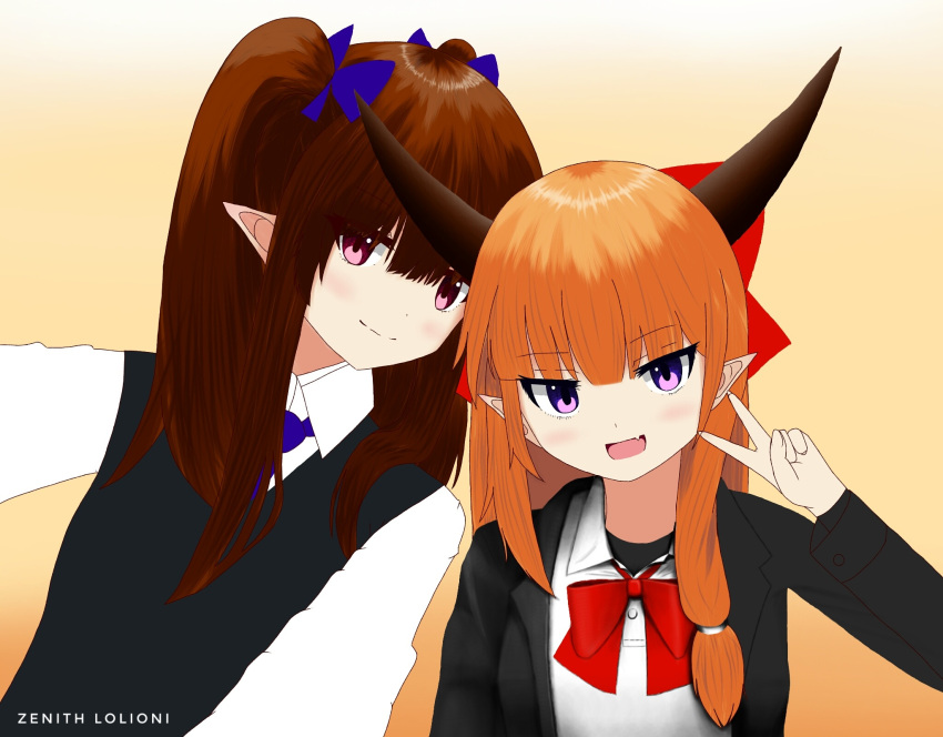 2girls :d alternate_costume artist_name bangs black_jacket black_sweater blue_bow blunt_bangs blush bow bowtie brown_hair buttons closed_mouth collared_shirt dress_shirt eyebrows_visible_through_hair fang fingernails gradient gradient_background hair_bow hand_up hat highres himekaidou_hatate horns ibuki_suika jacket long_fingernails long_hair long_sleeves looking_at_viewer masakaze_boringod multiple_girls necktie open_clothes open_jacket open_mouth orange_hair pointy_ears purple_necktie red_bow red_bowtie school_uniform self_shot shirt sidelocks smile sweater sweater_vest tokin_hat touhou twintails upper_body v violet_eyes white_shirt