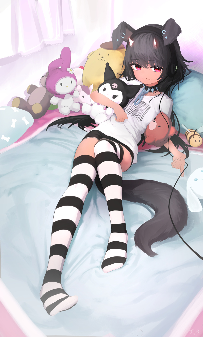 1girl absurdres animal_ears black_hair choker closed_mouth fake_animal_ears highres holding holding_stuffed_toy long_hair on_bed original preamy_kyuushi rabbit_ears red_eyes shirt solo striped striped_thighhighs stuffed_animal stuffed_toy t-shirt tail thigh-highs