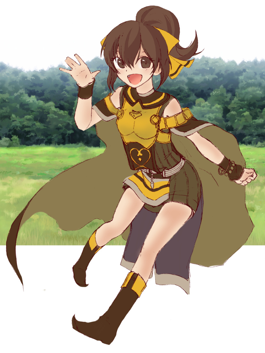 1girl armor armored_dress artist_request boots brown_eyes brown_hair cape commentary_request dyute_(fire_emblem) fang fire_emblem fire_emblem_echoes:_mou_hitori_no_eiyuuou fire_emblem_gaiden forest hair_ribbon highres nature pointed_boots ponytail ribbon scenery skirt smile solo waving yellow_ribbon
