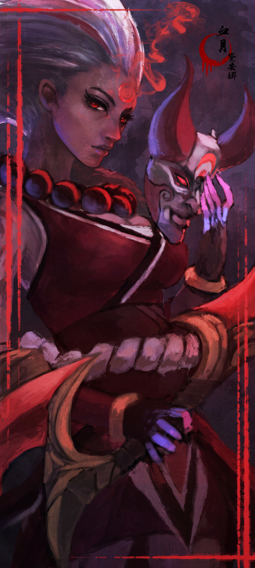 1girl absurdres beads blood_moon_diana diana_(league_of_legends) eyelashes eyeliner facial_mark forehead_mark highres japanese_clothes league_of_legends lips long_hair looking_at_viewer makeup mask mask_removed monori_rogue nose prayer_beads red_eyes rope shimenawa smoke solo weapon