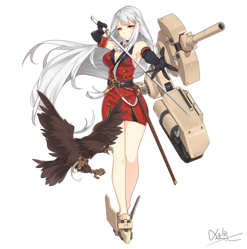 1girl absurdres alecto_mk_iv_(panzer_waltz) bare_shoulders belt bird black_gloves breasts choker dress eagle earrings elbow_gloves full_body gloves highres jewelry kyouki_no_kimi long_hair looking_at_viewer medium_breasts military mole mole_under_eye no_bra official_art panzer_waltz red_dress sheath short_dress sleeveless sleeveless_dress solo sword very_long_hair weapon white_background white_hair yellow_eyes