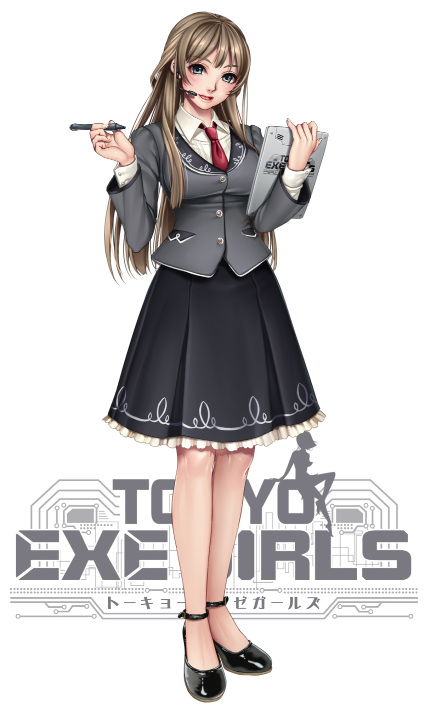 1girl :d black_shoes black_skirt blue_eyes blush brown_hair earphones formal frilled_skirt frills full_body highres long_hair long_sleeves looking_at_viewer masami_chie necktie official_art open_mouth red_necktie shoes skirt skirt_suit smile solo standing suit tokyo_exe_girls