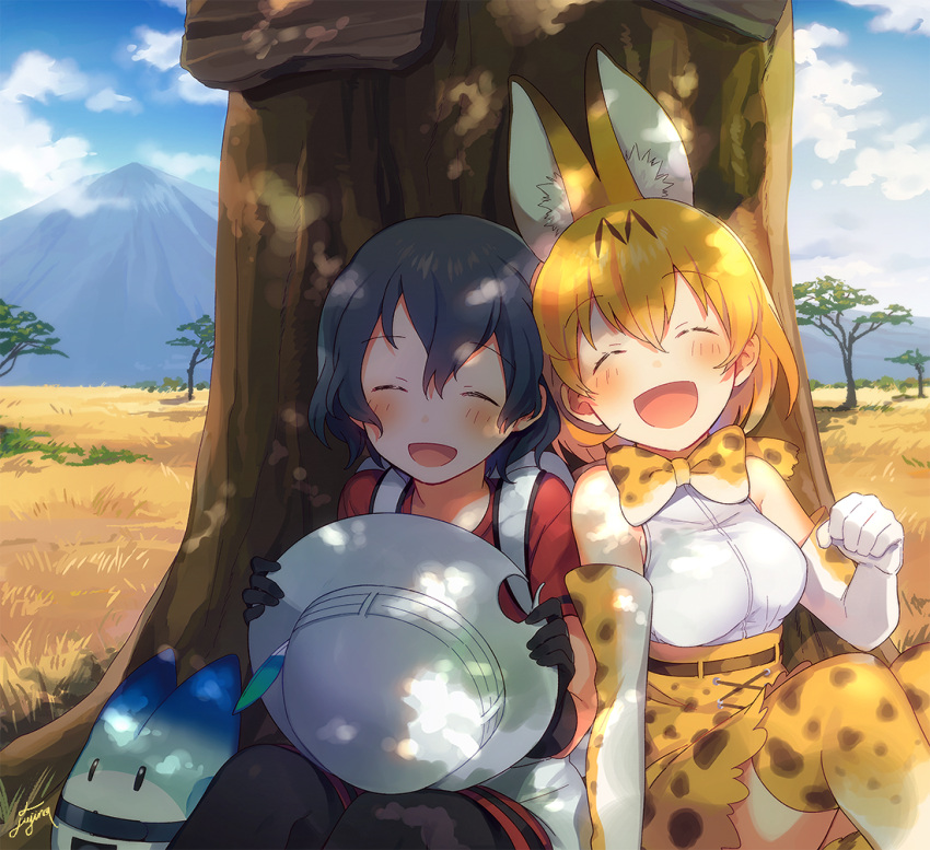 2girls against_tree animal_ears backpack bag black_gloves black_hair blonde_hair blush bow bowtie breasts bucket_hat closed_eyes cross-laced_clothes elbow_gloves fuji_fujino gloves hair_between_eyes hat hat_feather high-waist_skirt kaban kemono_friends lucky_beast_(kemono_friends) multiple_girls nature open_mouth outdoors red_shirt serval_(kemono_friends) serval_ears serval_print serval_tail shirt short_hair shorts sitting skirt sleeveless sleeveless_shirt smile striped_tail tail tree wavy_hair