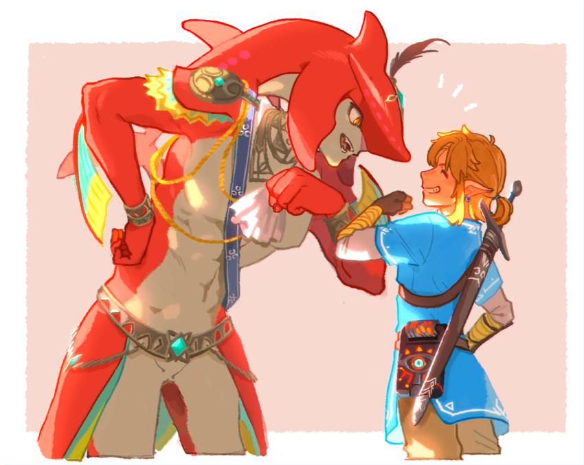 2boys abs blonde_hair commentary_request fangs fingerless_gloves gloves highres link looking_at_another male_focus meipu_hm monster_boy multiple_boys pointy_ears sidon smile sword teeth the_legend_of_zelda the_legend_of_zelda:_breath_of_the_wild weapon yellow_eyes zora