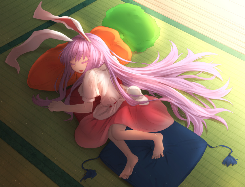 1girl animal_ears barefoot bunny_tail carrot_pillow colored_eyelashes curled_fingers highres indoors lavender_hair light_particles lithiumrider long_hair lying on_side open_mouth puffy_short_sleeves puffy_sleeves rabbit_ears red_skirt reisen_udongein_inaba shirt short_sleeves skirt sleeping solo sunlight tail tassel tatami touhou very_long_hair white_shirt