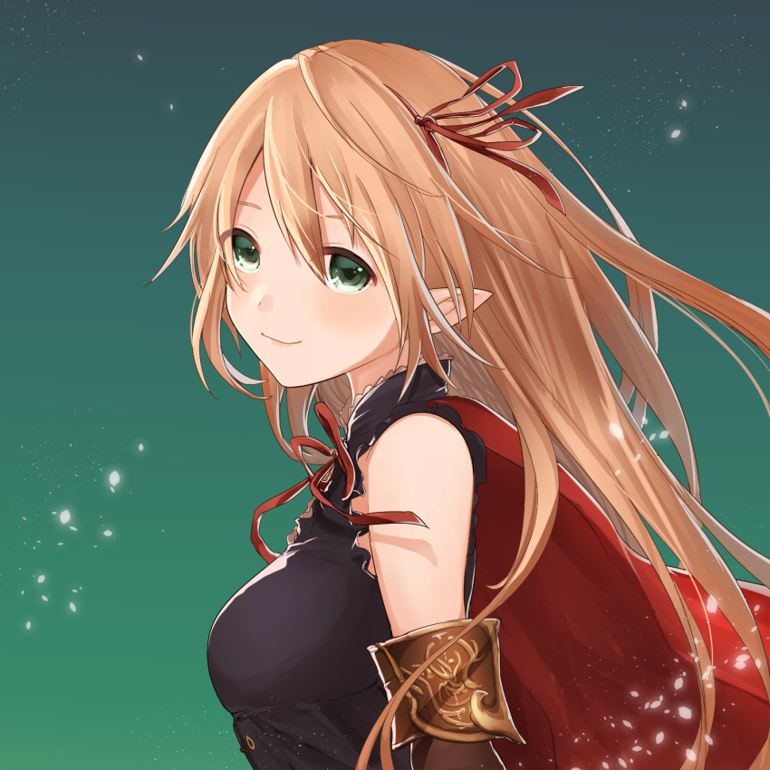 arisa_(shadowverse) blonde_hair blush breasts capelet elf green_background green_eyes harupin highres long_hair looking_to_the_side medium_breasts pointy_ears shadowverse smile upper_body