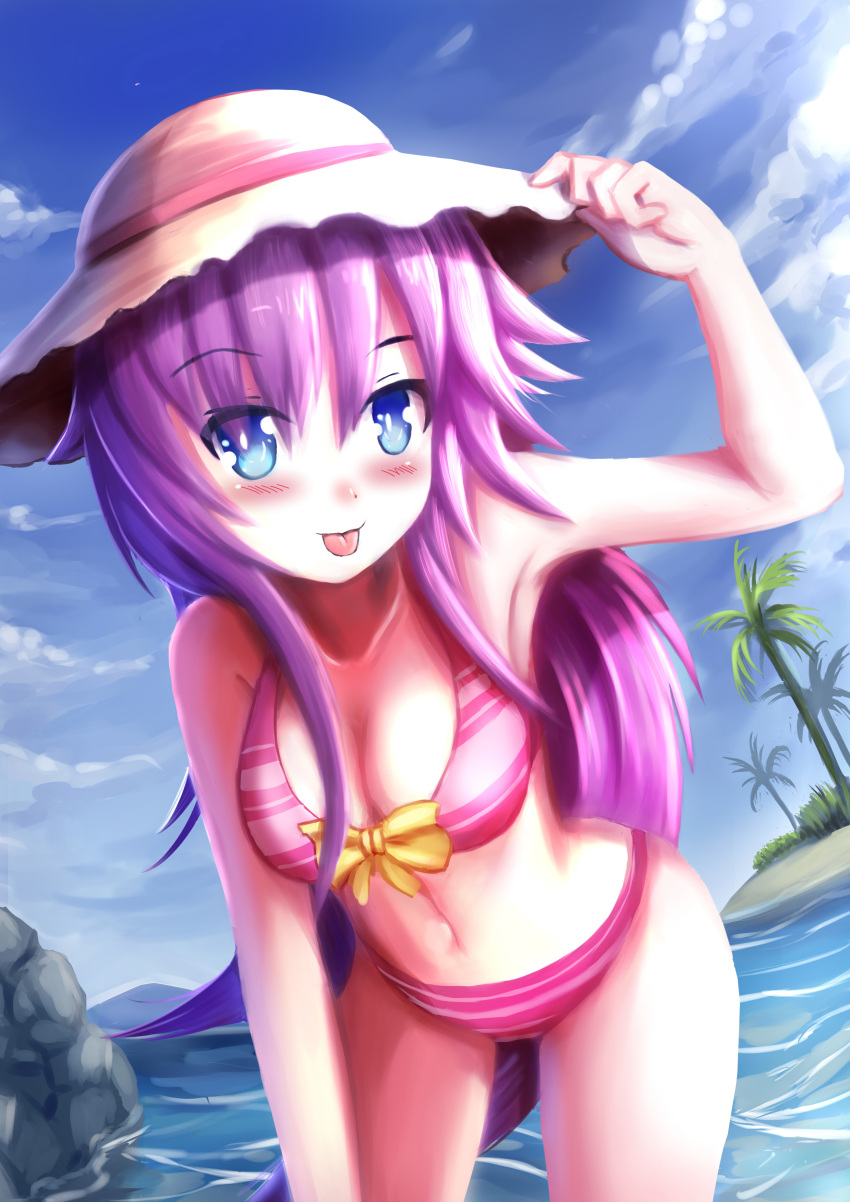 1girl :p absurdres arlly_radithia beach bikini blue_eyes blush breasts choujigen_game_neptune day hair_ornament hat highres long_hair looking_at_viewer nepgear neptune_(series) ocean purple_hair purple_sister sand side-tie_bikini sky solo straw_hat striped striped_bikini swimsuit symbol-shaped_pupils tongue tongue_out water