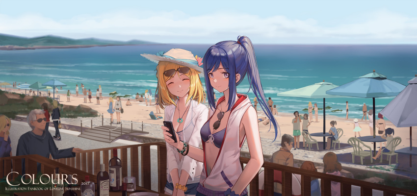 6+boys 6+girls ^_^ alcohol beach bikini bikini_top black_hair blonde_hair blue_hair bottle bracelet breasts brown_hair cellphone cleavage closed_eyes commentary_request cover cover_page crowd cup doujin_cover drinking_glass flower front-tie_bikini front-tie_top grey_hair hair_tie hat hat_flower highres huanxiang_heitu jewelry long_hair long_sleeves looking_at_viewer love_live! love_live!_sunshine!! male_swimwear matsuura_kanan multiple_boys multiple_girls ocean ohara_mari pendant phone ponytail railing redhead scrunchie smartphone smile sun_hat sunglasses sunglasses_on_head swim_trunks swimsuit swimwear table twintails umbrella vest violet_eyes wrist_scrunchie