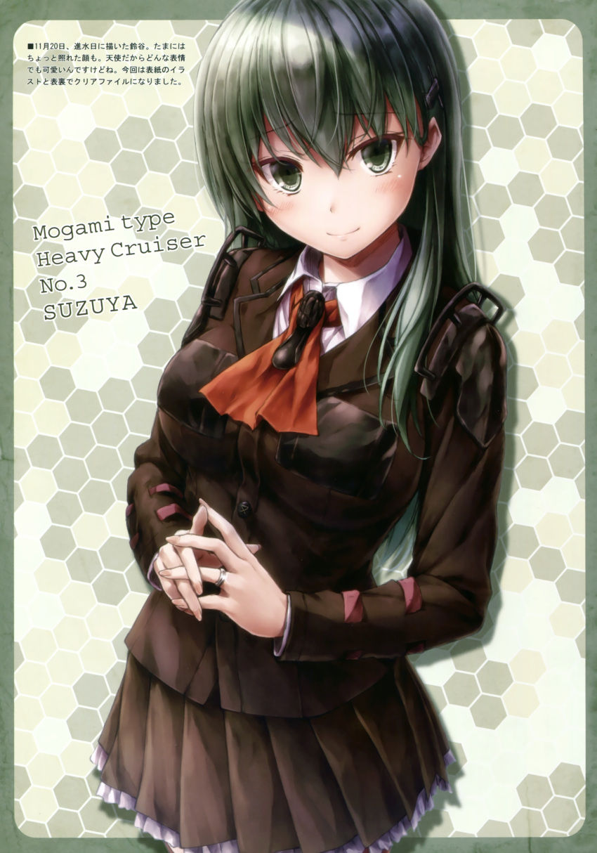 1girl absurdres bangs blush border breast_pocket breasts brown_jacket brown_skirt buttons character_name closed_mouth collared_shirt cowboy_shot cravat eyebrows_visible_through_hair fingernails frilled_skirt frills glint green_border green_eyes green_hair hair_ornament hairclip head_tilt hexagon hexagonal_background highres jewelry kantai_collection long_hair long_sleeves looking_at_viewer medium_breasts own_hands_together pleated_skirt pocket ring scan shirt shoulder_pads skirt smile solo standing suien suzuya_(kantai_collection) translation_request tsurime wedding_band white_shirt wing_collar