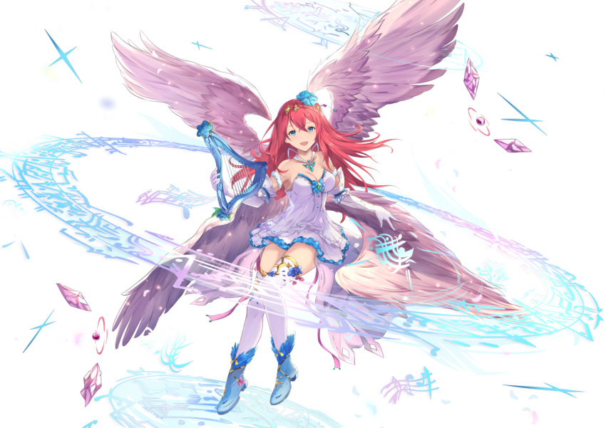 1girl :d angel angel_wings armband armpit_peek bangs bare_shoulders beige_wings blue_boots blue_eyes blue_flower blue_ribbon boots braid breasts cleavage collarbone crown_braid dress elbow_gloves feathered_wings floating_hair flower full_body fuuro_(johnsonwade) gem gloves hair_between_eyes hair_flower hair_ornament harp holding_instrument instrument jewelry long_hair looking_at_viewer musical_note open_mouth original pendant pink_ribbon quaver quaver_rest redhead ribbon smile solo strapless strapless_dress thigh-highs white_dress white_gloves white_legwear wings