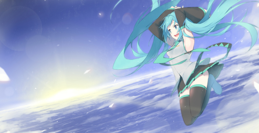 1girl :d armpits arms_up black_legwear black_skirt boots breasts clouds commentary day detached_sleeves fhang from_side full_body green_eyes green_hair green_necktie green_skirt hatsune_miku highres legs_up lens_flare long_hair long_sleeves looking_to_the_side medium_breasts necktie open_mouth outdoors pleated_skirt shirt skirt sky sleeveless sleeveless_shirt smile solo sun sunrise thigh-highs thigh_boots twintails very_long_hair vocaloid