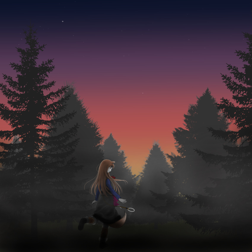 1girl animal_ears boots fox_ears fox_tail grass highres holo long_hair night night_sky pine_tree red_eyes sky smile solo spice_and_wolf standing standing_on_one_leg star suzupom tail tree
