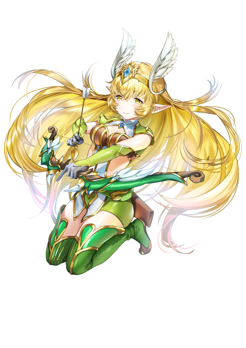 1girl archer_(noatopia) arrow blonde_hair boots breasts cleavage elbow_gloves eyebrows_visible_through_hair full_body gloves head_wings highres holding_bow_(weapon) long_hair looking_at_viewer noatopia official_art pointy_ears quiver smile solo thigh-highs thigh_boots transparent_background yan'yo_(yan'yan'yo) yellow_eyes