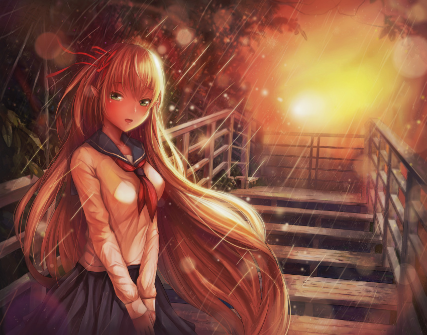 1girl absurdres arisa_(shadowverse) blush breasts elf green_eyes hair_ribbon hands_clasped highres long_hair looking_at_viewer pointy_ears rain ribbon school_uniform serafuku shadowverse skirt smile stairs tree v_arms yahiro_(666131415)