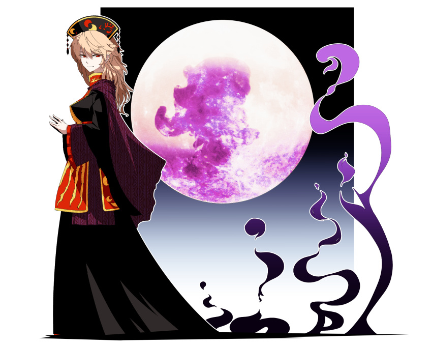 &gt;:) 1girl black_dress blonde_hair breasts chinese_clothes closed_mouth crescent dress energy from_side full_body full_moon hat highres junko_(touhou) kikoka_(mizuumi) long_hair long_sleeves looking_at_viewer looking_to_the_side medium_breasts moon pale_skin red_eyes sash smile solo standing tabard touhou wide_sleeves