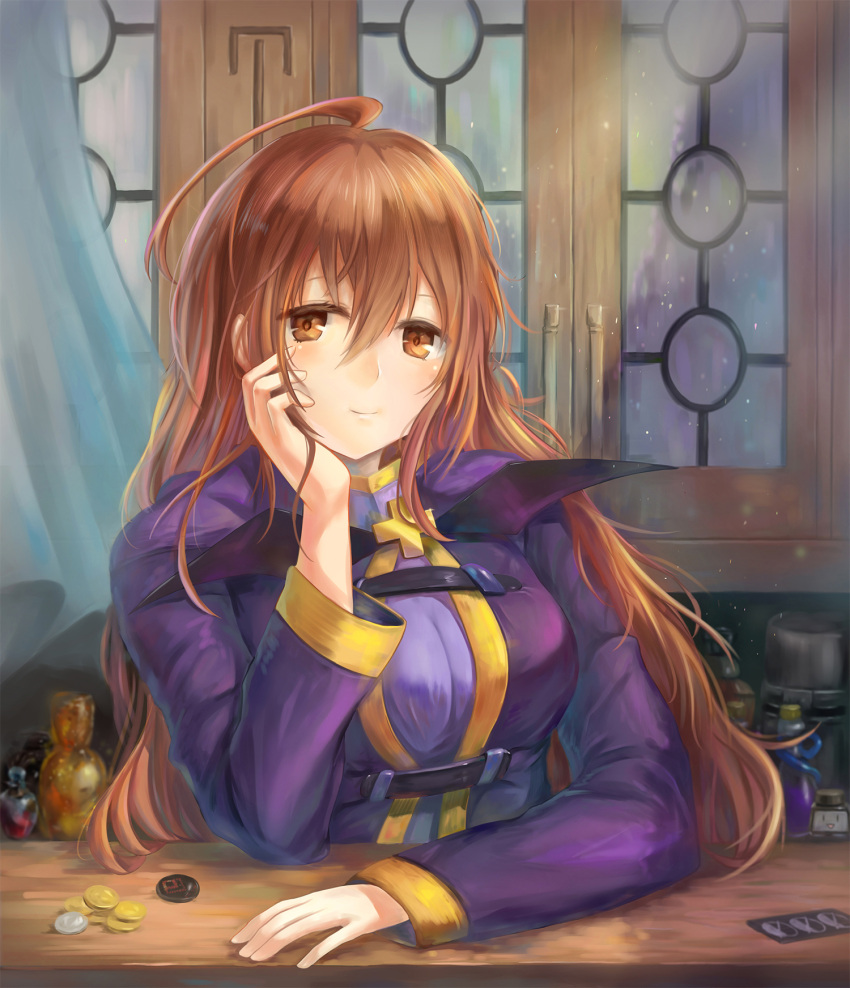 1girl ahoge blush brown_eyes brown_hair chin_rest coin hair_between_eyes highres kono_subarashii_sekai_ni_shukufuku_wo! light_smile long_hair looking_at_viewer potion smile solo vial window wiz_(konosuba) yahiro_(666131415)