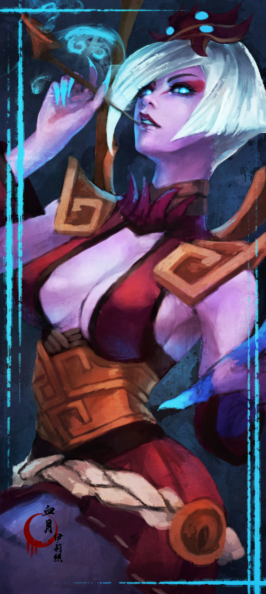 1girl absurdres alternate_costume blood_moon_elise blue_eyes blue_nails breasts cleavage elise_(league_of_legends) eyebrows eyelashes fingernails hair_ornament hair_over_one_eye highres holding kiseru large_breasts league_of_legends lips long_fingernails monori_rogue nail_polish nose parted_lips pauldrons pipe pipe_in_mouth purple_skin short_hair sideboob silver_hair smoke smoking solo upper_body