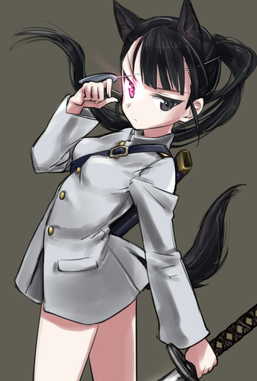 1girl amefre animal_ears bangs black_hair closed_mouth commentary_request cowboy_shot dog_ears dog_tail eyepatch glowing glowing_eye grey_background highres holding holding_weapon jacket katana long_hair long_sleeves looking_at_viewer military military_uniform no_pants ponytail sakamoto_mio simple_background solo standing strike_witches sword tail uniform weapon white_jacket world_witches_series