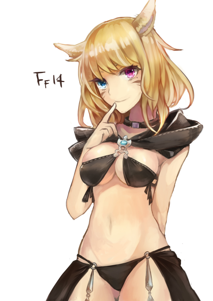1girl animal_ears arm_behind_back arm_up armpits bangs bare_arms black_choker blonde_hair blue_eyes breasts cat_ears choker cleavage closed_mouth commentary_request copyright_name cowboy_shot eyelashes final_fantasy final_fantasy_xiv finger_to_mouth gluteal_fold groin heterochromia highres index_finger_raised long_hair looking_at_viewer medium_breasts miqo'te mole mole_under_eye navel simple_background smile solo stomach text under_boob violet_eyes whisker_markings white_background yok01
