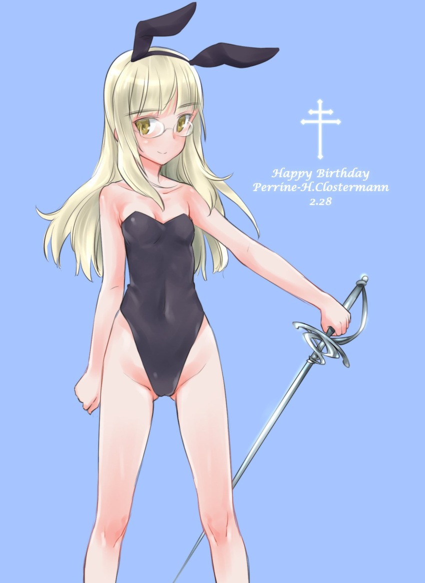 1girl amefre animal_ears bangs bare_legs bare_shoulders black_leotard blue_background breasts bunnysuit character_name closed_mouth commentary_request dated english fake_animal_ears glasses happy_birthday highleg highleg_leotard highres holding holding_sword holding_weapon leotard light_smile long_hair looking_at_viewer perrine_h_clostermann rabbit_ears rapier simple_background small_breasts solo standing strapless strapless_leotard strike_witches sword weapon world_witches_series yellow_eyes