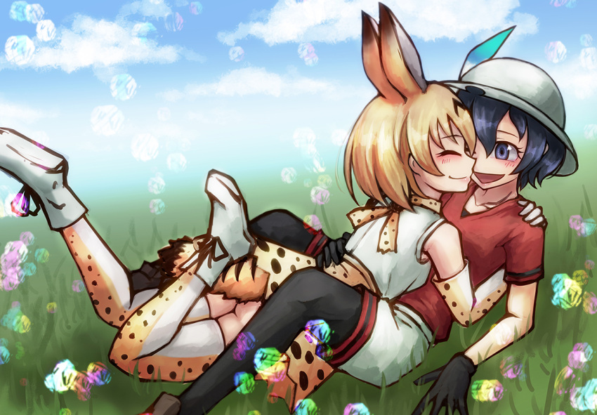 2girls ;d ^_^ animal_ears black_gloves black_hair black_legwear blonde_hair blue_eyes blue_sky blush boots bucket_hat closed_eyes clouds day elbow_gloves extra_ears face-to-face full_body gloves grass hand_on_another's_back happy hat hat_feather high-waist_skirt hug kaban kemono_friends lying multiple_girls nature on_stomach one_eye_closed open_mouth outdoors pantyhose print_gloves print_legwear print_skirt ray-k reclining red_shirt serval_(kemono_friends) serval_ears serval_print serval_tail shirt short_hair shorts skirt sky sleeveless sleeveless_shirt smile t-shirt tail thigh-highs yuri