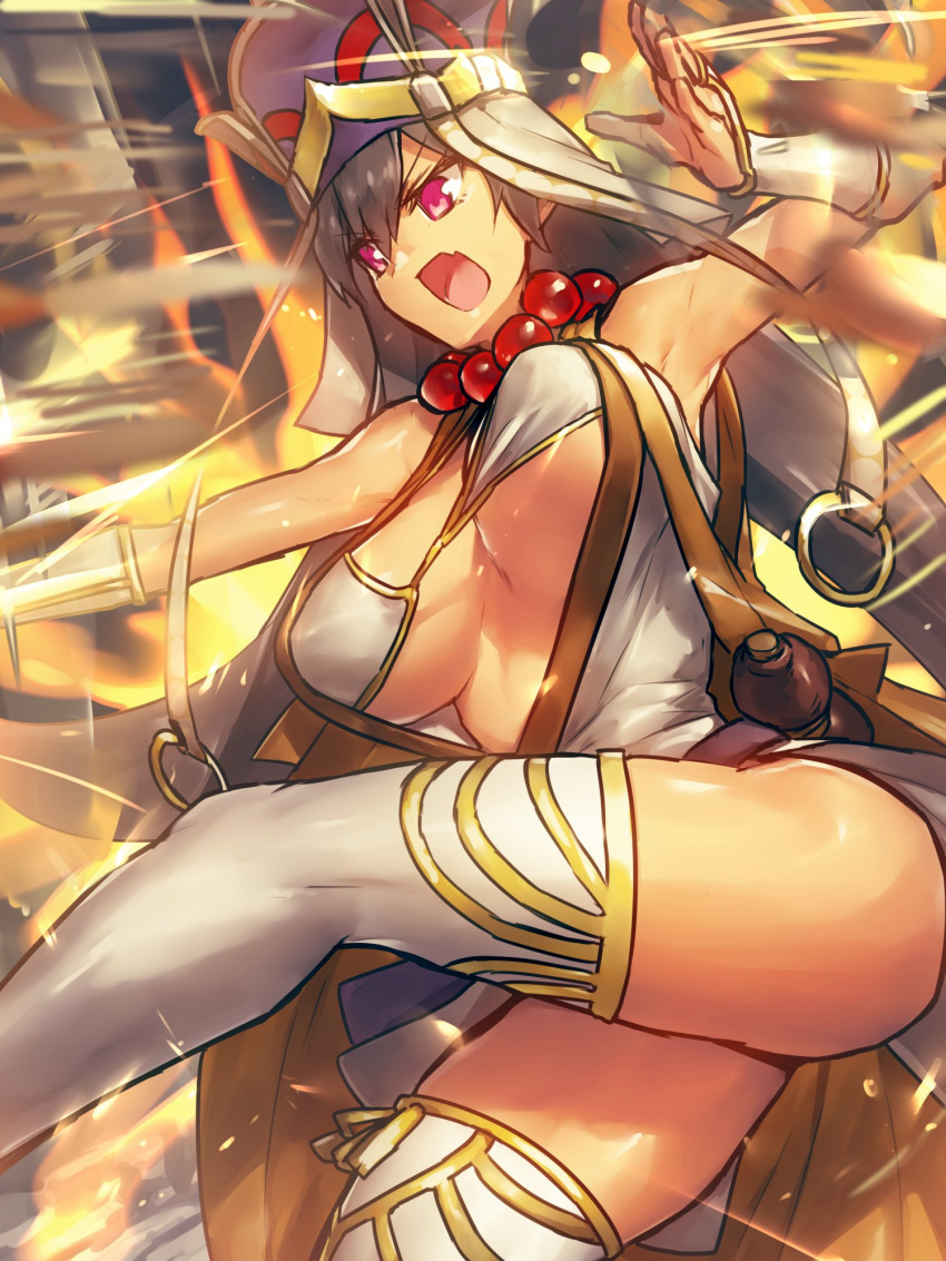 &gt;:o 1girl :o armpits bangs bead_necklace beads bikini_top black_hair breasts cleavage fate/grand_order fate_(series) hat highres jewelry large_breasts long_hair melon22 necklace open_mouth prayer_beads solo thigh-highs thighs unaligned_breasts violet_eyes white_bikini_top white_legwear xuanzang_(fate/grand_order)