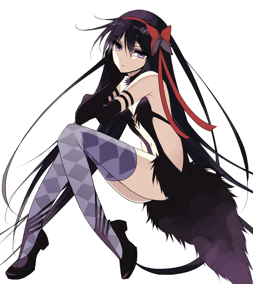 10s 1girl absurdres akemi_homura akuma_homura bare_shoulders black_hair breasts chin_rest cleavage hair_ribbon highres long_hair mahou_shoujo_madoka_magica mahou_shoujo_madoka_magica_movie misteor navel red_ribbon ribbon side_slit small_breasts thigh-highs thighs violet_eyes white_background