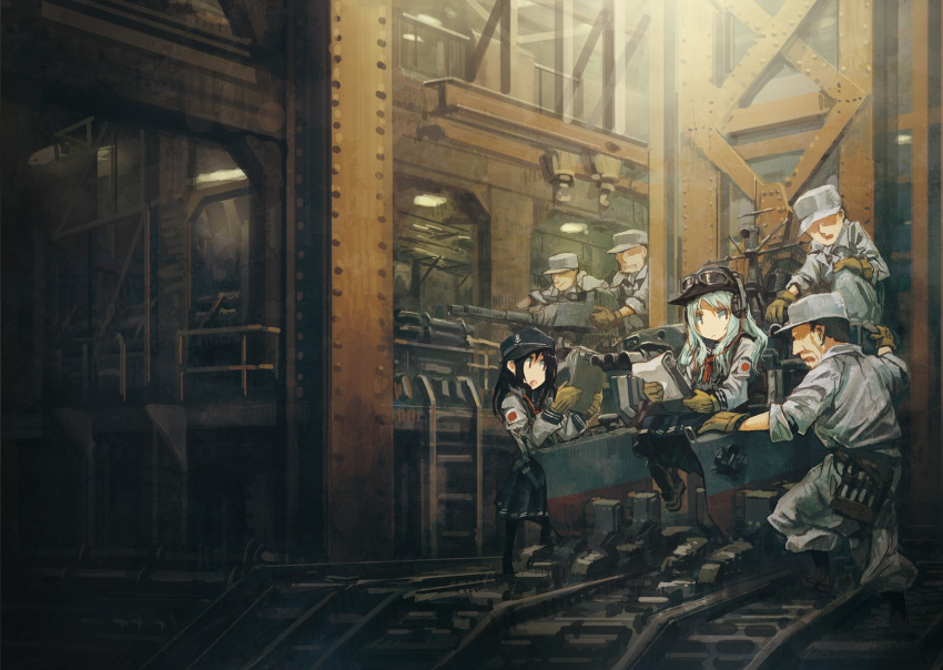 2girls 4boys :/ :o akatsuki_(kantai_collection) anchor_symbol arm_up bangs baseball_cap black_hair black_hat black_legwear black_shoes black_skirt brown_gloves brown_shoes cable cannon clenched_teeth clipboard closed_mouth collared_shirt faceless faceless_male flat_cap gloves goggles goggles_on_headwear grey_hat grey_pants grey_shirt hand_on_own_knee hands_up hat headphones hibiki_(kantai_collection) highres holding japanese_flag kantai_collection kome ladder light loafers long_hair long_sleeves looking_at_another mechanical multiple_boys multiple_girls neckerchief open_mouth pants pantyhose paper reading red_neckerchief school_uniform serafuku shirt shoes sitting skirt sleeves_folded_up squatting standing teeth tools turret white_hair