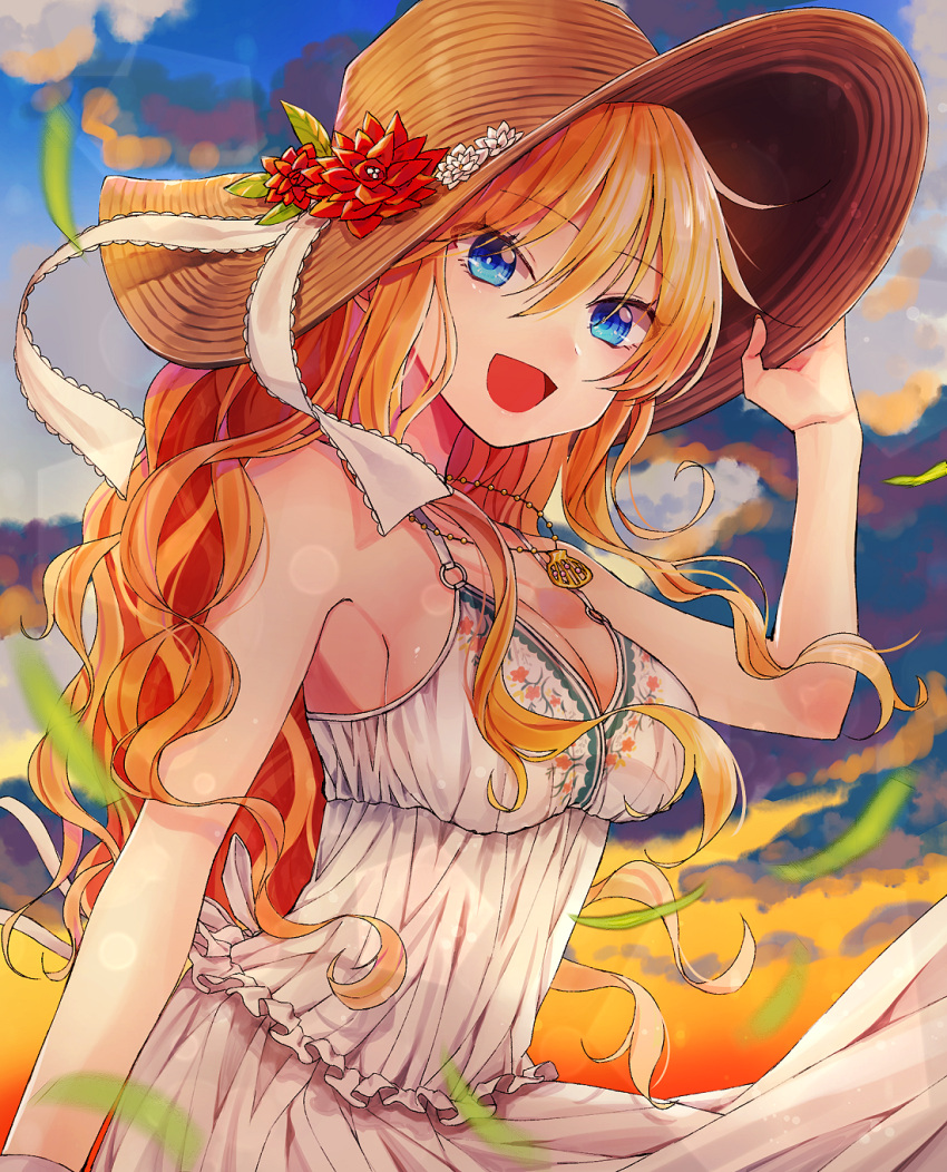 1girl 9romit adjusting_clothes adjusting_hat blonde_hair blue_eyes blurry breasts depth_of_field dress flower grass hat hat_flower highres idolmaster idolmaster_cinderella_girls idolmaster_cinderella_girls_starlight_stage jewelry long_hair looking_at_viewer necklace ootsuki_yui open_mouth smile solo white_dress wind