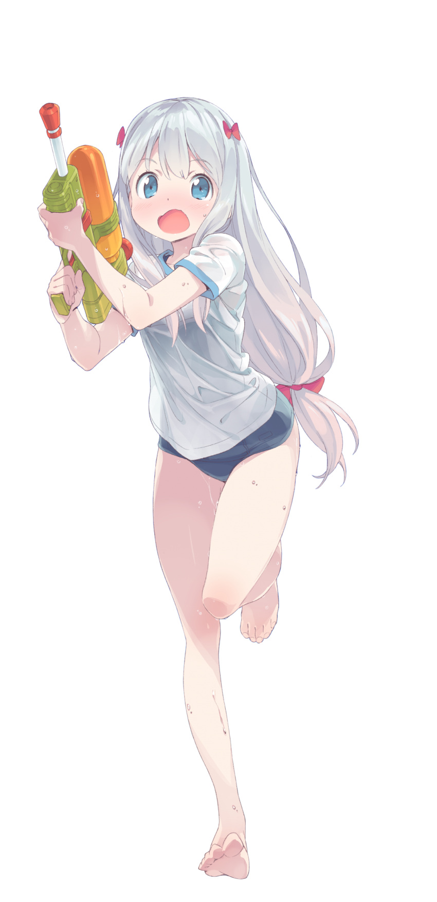 1girl bare_legs barefoot blue_eyes blush bow breasts eromanga_sensei feet full_body hair_bow highres izumi_sagiri kanzaki_hiro leaning_forward long_hair looking_at_viewer low-tied_long_hair official_art one-piece_swimsuit open_clothes open_shirt school_swimsuit see-through shirt sidelocks silver_hair small_breasts solo standing standing_on_one_leg swimsuit swimsuit_under_clothes toes transparent_background water_gun wavy_mouth wet wet_clothes wet_shirt