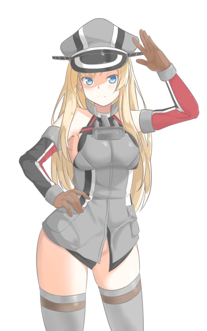 1girl anchor_hair_ornament arm_up armpit_peek bangs bare_shoulders bismarck_(kantai_collection) blonde_hair blue_eyes breastplate brown_gloves closed_mouth collarbone detached_sleeves gloves grey_hat grey_legwear hair_ornament halterneck hand_on_hip hat highres kantai_collection legs_apart light_smile long_hair looking_at_viewer military military_hat military_uniform peaked_cap sidelocks simple_background skindentation solo standing thigh-highs tiasis uniform white_background