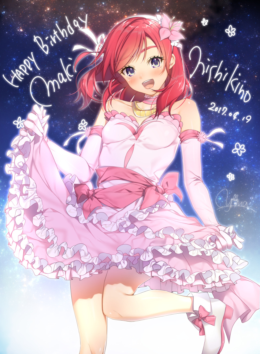 1girl absurdres birthday dated dress english flower hair_flower hair_ornament happy_birthday highres love_live! love_live!_school_idol_project nishikino_maki pink_dress redhead short_hair signature sky star_(sky) starry_sky violet_eyes yana_mori