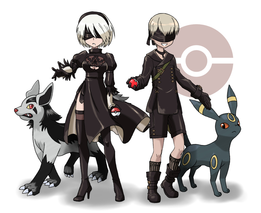 1boy 1girl android bangs belt belt_buckle black_belt black_dress black_feathers black_gloves black_hairband black_legwear black_ribbon black_shirt black_shoes black_shorts blindfold breasts buckle choker claws cleavage_cutout crossover double-breasted dress feather-trimmed_sleeves feather_trim feathers full_body gloves grin hair_between_eyes hairband high_heels highres holding holding_poke_ball kneehighs legs_apart long_sleeves medium_breasts mightyena mole mole_under_mouth nier_(series) nier_automata official_style outstretched_arm outstretched_hand paws poke_ball pokemon pokemon_(creature) pokemon_(game) puffy_long_sleeves puffy_sleeves red_eyes ribbon shadow sharp_teeth shirt shoes short_hair shorts side_slit simple_background smile standing teeth teru_zeta thigh-highs turtleneck umbreon white_background white_hair yellow_sclera yorha_no._2_type_b yorha_no._9_type_s zettai_ryouiki