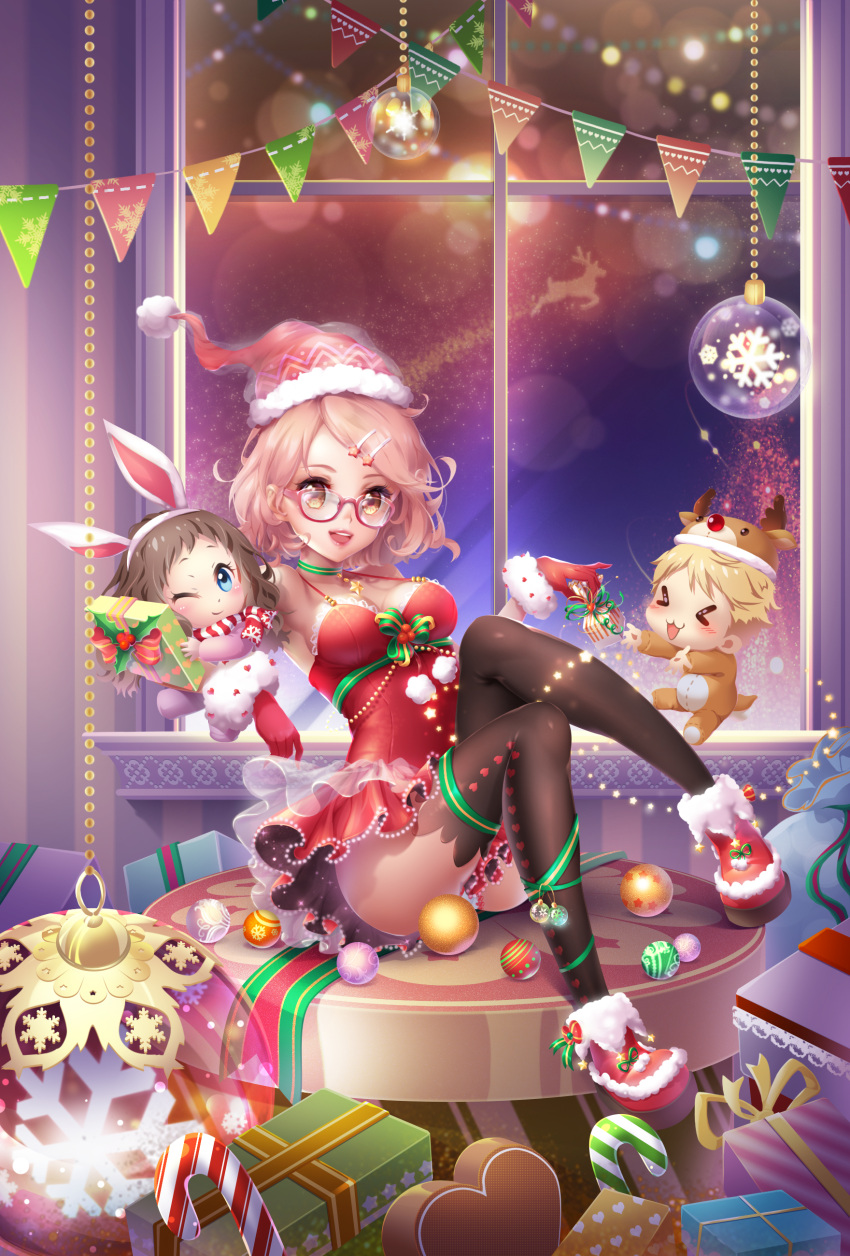 &gt;_&lt; 1boy 2girls :3 :d ;) absurdres animal_costume animal_ears bangs bare_shoulders black_legwear blonde_hair blue_eyes boots box breasts brown_eyes brown_hair candy candy_cane chibi choker christmas christmas_ornaments closed_eyes closed_mouth collarbone dress fake_animal_ears food from_side full_body fur_trim gift gift_box glasses gloves hair_ornament hairclip hat heart heart_print highres holding holding_gift indoors kanbara_akihito kuriyama_mirai kyoukai_no_kanata lens_flare long_hair long_sleeves medium_breasts multiple_girls one_eye_closed open_mouth outstretched_arms panties pantyshot pantyshot_(sitting) qiki.z rabbit_ears red-framed_eyewear red_boots red_dress red_gloves reindeer reindeer_costume reindeer_hat santa_costume santa_hat scarf shindou_ai silhouette sitting sleeveless sleeveless_dress smile snowflakes star strapless strapless_dress striped striped_scarf swept_bangs thigh-highs underwear white_panties window