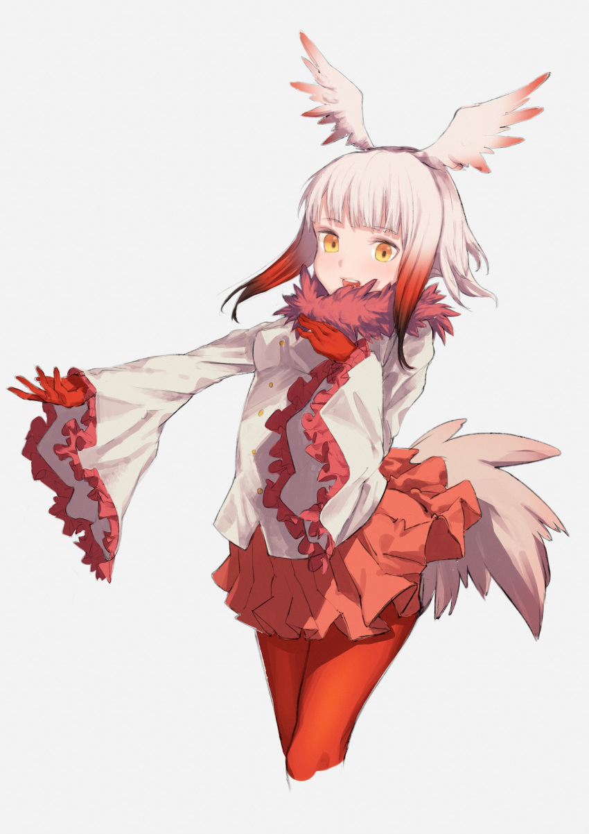 1girl bangs blunt_bangs crested_ibis_(kemono_friends) cropped_legs fur_collar gloves head_wings highres kemono_friends long_sleeves looking_at_viewer multicolored_hair nonokuro outstretched_arm pantyhose pleated_skirt red_gloves red_legwear redhead shirt skirt smile solo tail two-tone_hair white_hair white_shirt yellow_eyes