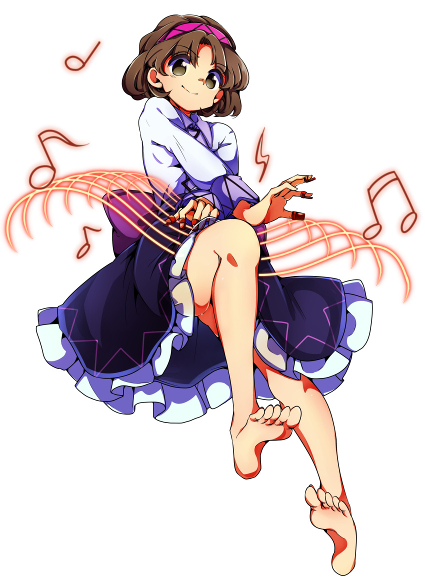 1girl absurdres baba_(baba_seimaijo) barefoot black_skirt brown_eyes brown_hair collared_shirt commentary_request feet frilled_skirt frills full_body hairband high-waist_skirt highres instrument jewelry long_sleeves looking_at_viewer lute_(instrument) musical_note ring shirt short_hair skirt smile solo tachi-e touhou transparent_background tsukumo_yatsuhashi white_shirt