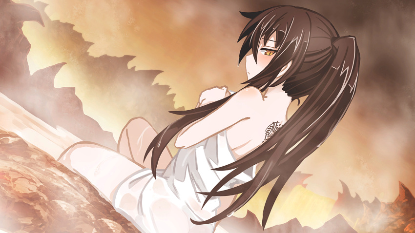 1girl absurdres black_hair convenient_censoring faust_(makai_shin_trillion) from_behind highres long_hair makai_shin_trillion naked_towel nanameda_kei official_art onsen solo steam steam_censor tattoo towel towel_on_head water yellow_eyes