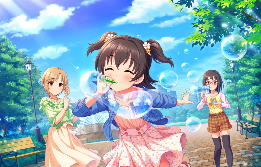 3girls aiba_yumi akagi_miria artist_request bangs bench black_hair blonde_hair blue_sky blush brown_eyes bubble bubble_blowing bubble_pipe closed_eyes glasses idolmaster idolmaster_cinderella_girls idolmaster_cinderella_girls_starlight_stage jewelry kamijou_haruna long_skirt multiple_girls necklace official_art outdoors park short_hair shorts skirt sky smile thigh-highs tree twintails two_side_up