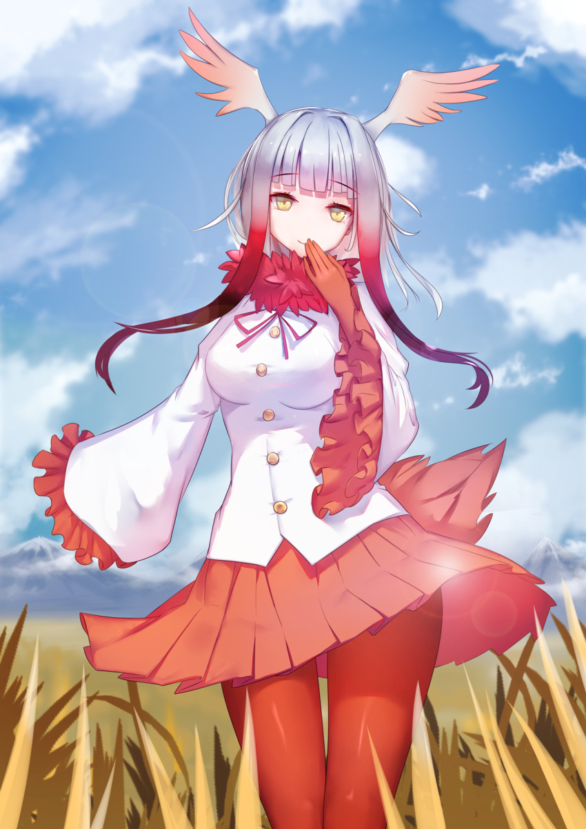 1girl blue_hair breasts closed_mouth crested_ibis_(kemono_friends) day eyes_visible_through_hair frilled_sleeves frills gradient_hair grass head_tilt head_wings highres kemono_friends lens_flare liu_lan long_hair long_sleeves medium_breasts multicolored_hair outdoors pantyhose pink_hair pleated_skirt purple_hair red_legwear red_ribbon red_skirt redhead ribbon shirt sidelocks skirt sky sleeves_past_wrists smile solo standing tail white_shirt wide_sleeves yellow_eyes