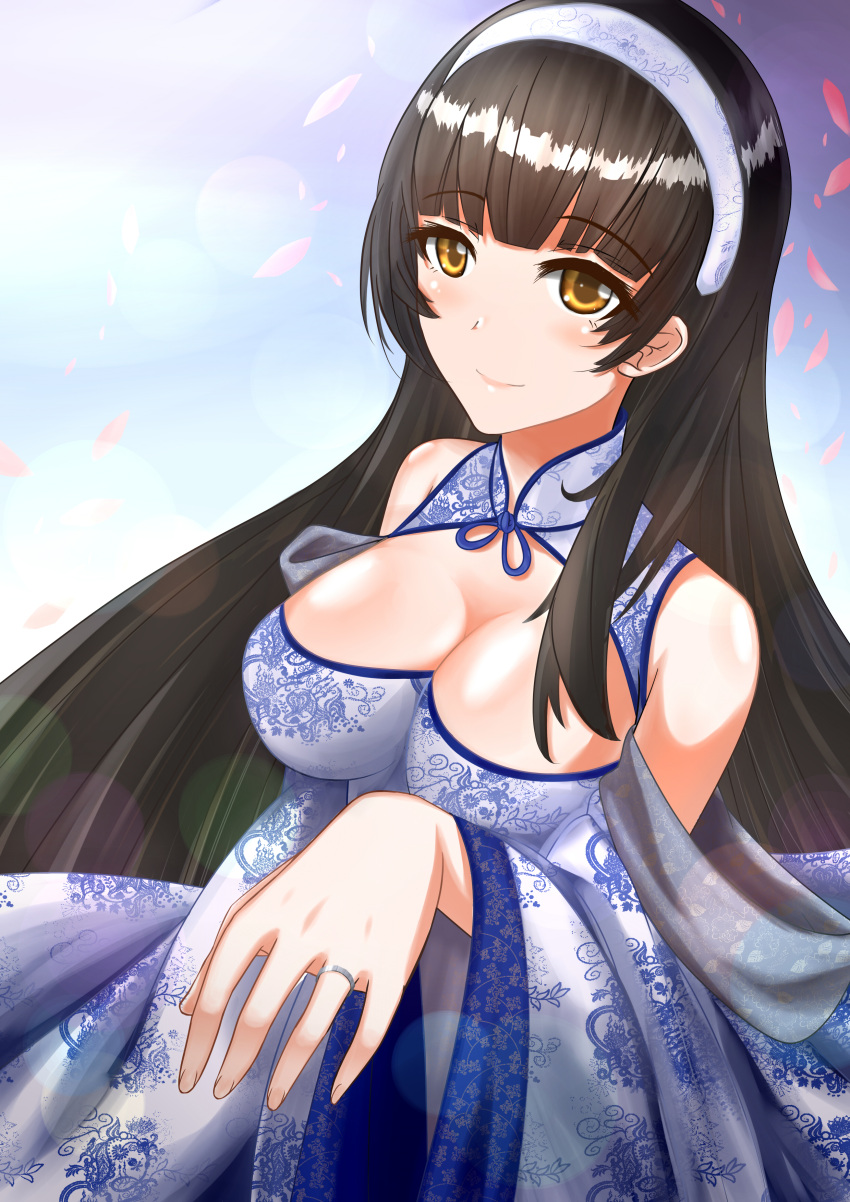 1girl absurdres bare_shoulders black_hair breasts brown_eyes cleavage dress girls_frontline headband highres jewelry large_breasts long_hair looking_at_viewer qbz-95_(girls_frontline) ring smile solo tagme upper_body wedding_band zhishi_ge_fangzhang