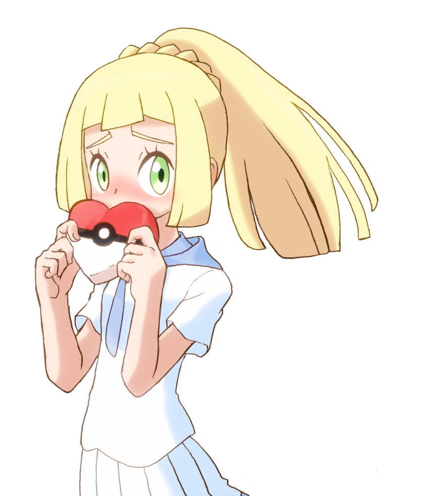 1girl bangs blonde_hair blunt_bangs blush braid breasts chocolate chocolate_heart covering_mouth eyelashes fingernails floating_hair food french_braid green_eyes heart high_ponytail highres holding holding_chocolate holding_food lillie_(pokemon) long_hair looking_at_viewer miniskirt nose_blush pleated_skirt poke_ball_theme pokemon pokemon_(game) pokemon_sm shirt short_sleeves sidelocks simple_background skirt small_breasts solo standing tareme teru_zeta upper_body valentine white_background white_shirt white_skirt