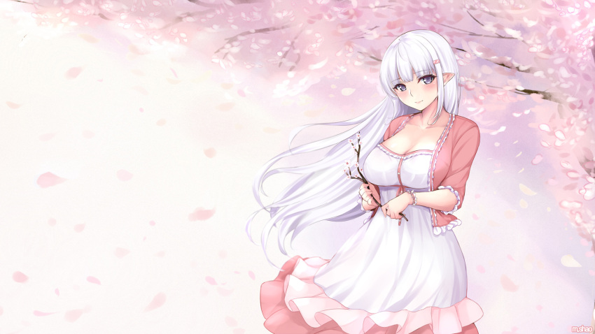 1girl bangs blunt_bangs blush branch breasts cherry_blossoms cleavage closed_mouth closers collarbone cowboy_shot dress hair_ornament hairclip highres large_breasts levia_(closers) long_hair looking_at_viewer pointy_ears shaojiang sidelocks smile solo very_long_hair violet_eyes white_dress white_hair