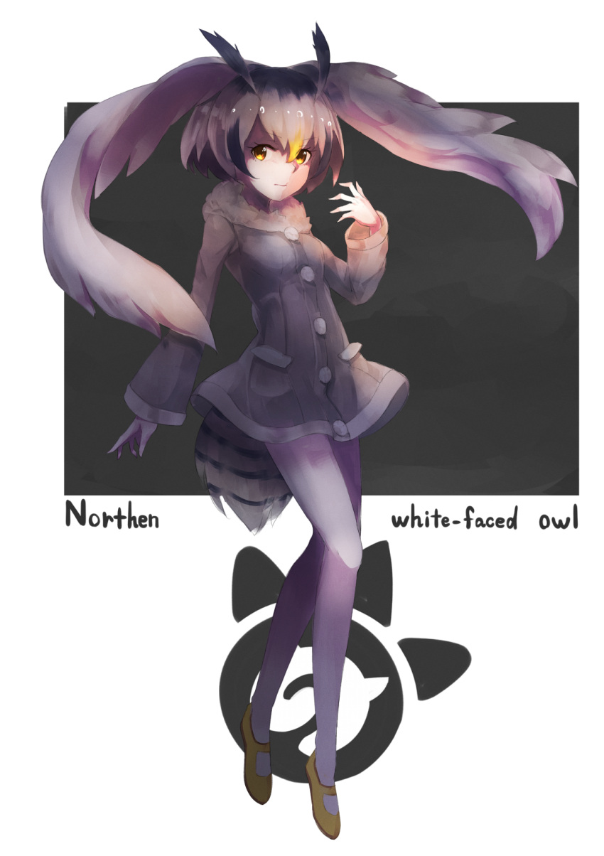 1girl bangs bird_tail black_background black_hair blonde_hair breasts character_name dark feather_trim frown glowing glowing_hand grey_hair hair_between_eyes hair_wings hand_up highres japari_symbol kemono_friends long_sleeves looking_at_viewer multicolored_hair northern_white-faced_owl_(kemono_friends) o_(crazyoton46) shaded_face shiny shiny_hair shoes short_hair small_breasts solo streaked_hair two-tone_background two-tone_hair white_background white_legwear wings yellow_shoes